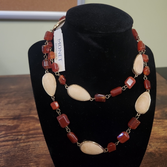 Monet Red Carnelian and Wood Bead Necklace - Picture 1 of 4